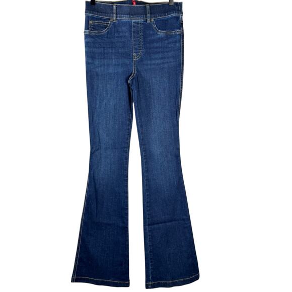Spanx Women's Blue Stretch Denim Mid Rise Cotton Blend Flared Leg Jeans Size S